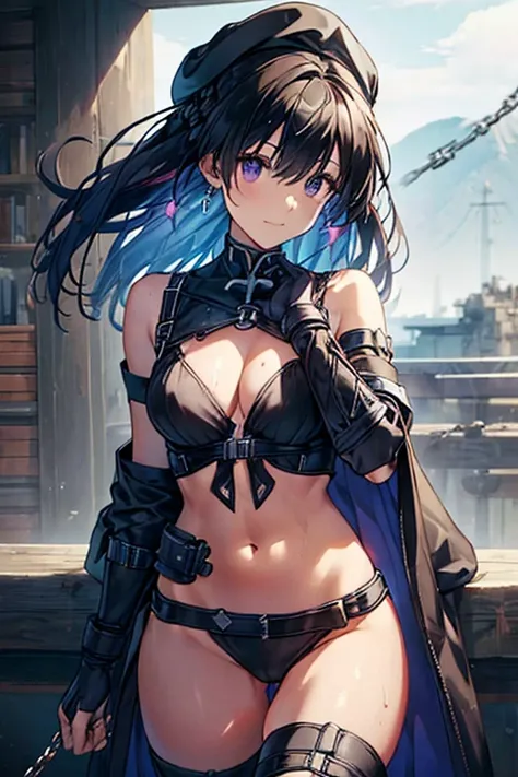 (Thynasha:1.2),dark blue hair,very long hair, purple eyes,(beautiful detailed eyes:1.0), extremely detailed face, perfect lighting, hair between eyes,bangs, (black beret, black jacket, open clothes, cleavage, midriff, black medium skirts,  black thighhighs...