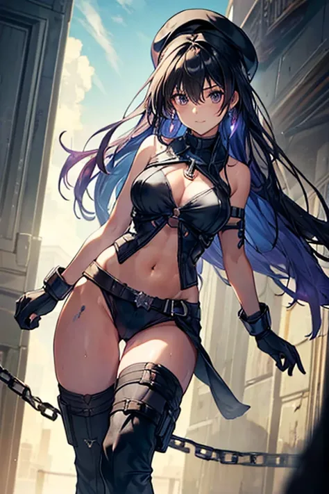 (Thynasha:1.2),dark blue hair,very long hair, purple eyes,(beautiful detailed eyes:1.0), extremely detailed face, perfect lighting, hair between eyes,bangs, (black beret, black jacket, open clothes, cleavage, midriff, black medium skirts,  black thighhighs...