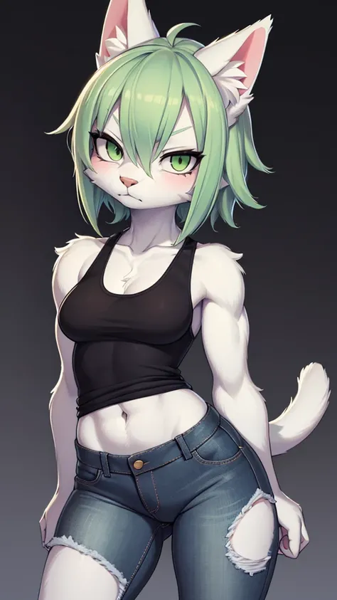 1 woman, furry, cat, white fur, light green hair, a little muscular, black clothes, wearing a tank top and tight jeans, several scars from cuts on her arms, serious pose, serious expression