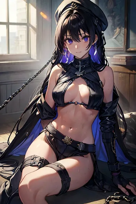 (Thynasha:1.2),dark blue hair,very long hair, purple eyes,(beautiful detailed eyes:1.0), extremely detailed face, perfect lighting, hair between eyes,bangs, (black beret, black jacket, open clothes, cleavage, midriff, black medium skirts,  black thighhighs...