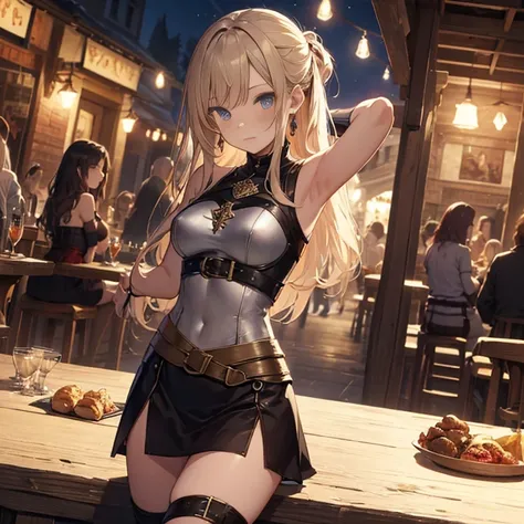 A group of  female medieval fantasy adventurers, (in tavern), various hair styles, harem, night, details face, short skirt, seducing, sleeveless, armor, armpits 