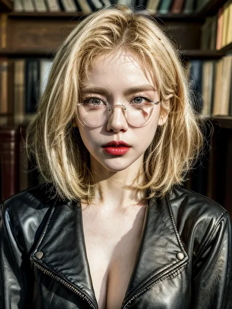 masterpiece，best quality at best，a high resolution，8k，((portrait)),1girl,short blonde hair,golden glasses, thick lips,red lips,l...