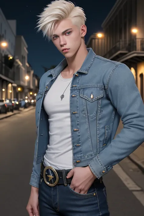 20-year-old man, light platinum blonde, jean jacket, blue shirt, blue jean pants, black belt, star buckle, slim muscular build, in the background of a New Orleans street at night