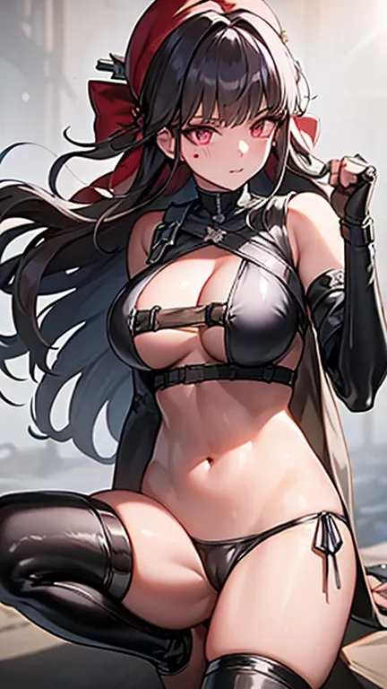 (Thynasha:1.2),dark blue hair,very long hair, purple eyes,(beautiful detailed eyes:1.0), extremely detailed face, perfect lighting, hair between eyes,bangs, (black beret, black jacket, open clothes, cleavage, midriff, black medium skirts,  black thighhighs...