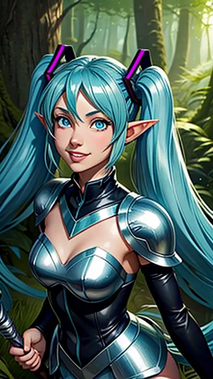 1girl, 25 years old, hatsune miku, elf, elf ears, cheerful expression, cute leather armor, holding a silver dagger, long hair, fantasy forest background, twintails, solo, hair ornament, blue eyes, blue hair