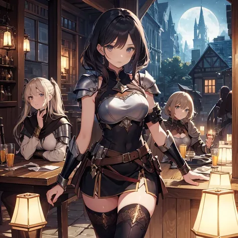 A group of  female medieval fantasy adventurers, (in tavern), various hair styles, harem, night, details face, short skirt, seducing, sleeveless, armor