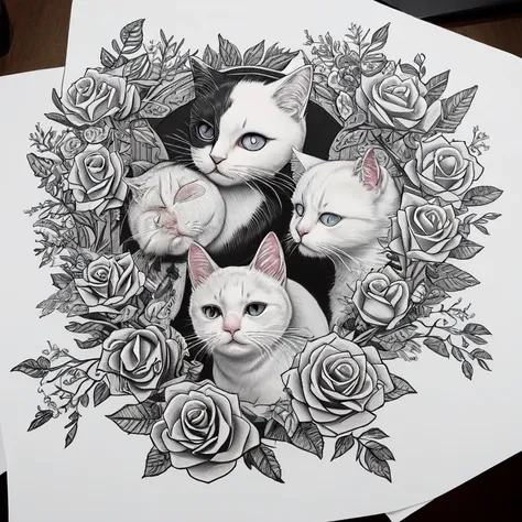 Traditional Tattoo Flash、Old School Tattoo Design、（White cat）、Roses、Skeleton