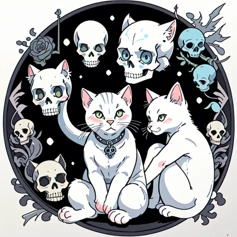 Traditional Tattoo Flash、Old School Tattoo Design、（White cat sitting on a skull）、Flat illustration
