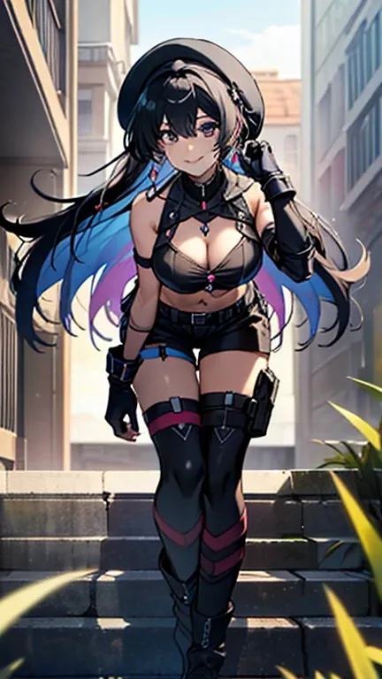 (thynasha:1.2),dark blue hair,very long hair,hair between eyes,bangs, (miritary beret, black jacket, open clothes, cleavage, mid...