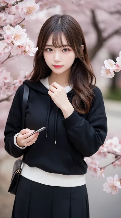 cherry blossoms,highest quality, figure, Super detailed, finely, High resolution, 8K Wallpaper, 完璧なダイナミックな構figure, Detailed and beautiful eyes,  Natural Lip, hoodie ,Full Body,skirt,Selfie