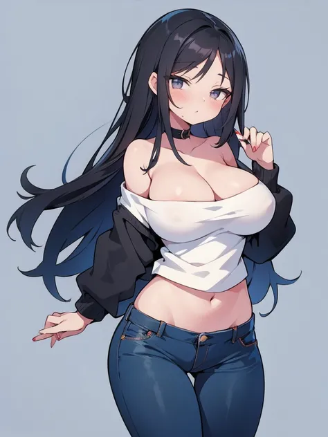 Sexy naked girl with long black hair without bangs and big wearing a white off-shoulder sweater, blue jeans, brincos e pequena bolsa de ombro