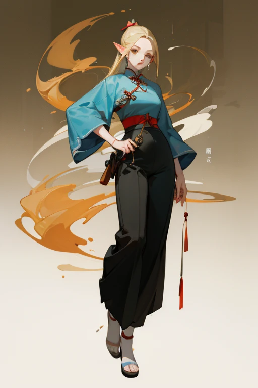 (masterpiece, Best quality) detailed, wear black pants, Silver Accessories , Zipper open , blonde ,elegant, Pointed ears ，chinese style，Hanfu，Whole body，Chinese pattern，