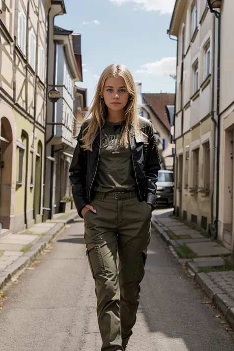 A blonde teen girl dressed in scant, light, feminine military clothing with a black shirt and cammo pants and jacket is standing in a pretty German town of the countryside.