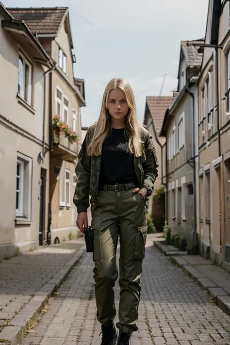 A blonde teen girl dressed in scant, light, feminine military clothing with a black shirt and cammo pants and jacket is standing in a pretty German town of the countryside.