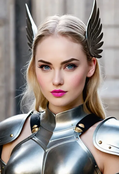 hyper photo realistic picture perfect, valkyrie shieldmaidan , perfect face, high cheek bones, thin curved eyebrows, long luscio...