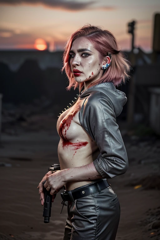 ((Best quality, 8k, Masterpiece: 1.3, realistic)), ((5120x1440)), Sharp focus: 1.2, 30 year old woman, ((Pink hair with orange/blue highlights)), Zombie apocalypse, Pistol holster strapped to leg, Assault rifle M4 on back, Machete in left hand, Desert Eagl...