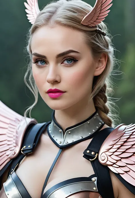 Hyper photo realistic picture perfect, valkyrie shieldmaidan , perfect face, high cheek bones, thin curved eyebrows, long luscious eyelashes, think eyeliner, eye shadow, natural tone makeup, pink cheek bone makeup, pale skin, lipstick, beautiful facial fea...