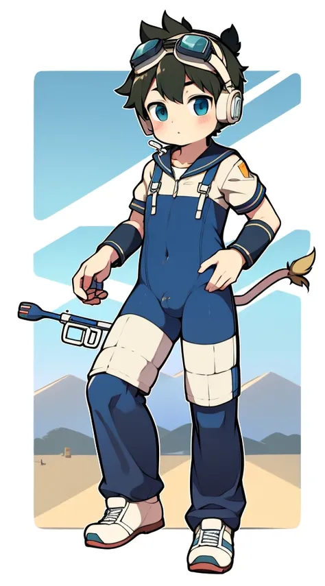 2D Boy Shota，One-piece mountaineering suit，Put the headphones on your head，permanent，goggles，trumpet，cow ears，sports shoes，Sailor collar，Short sleeve