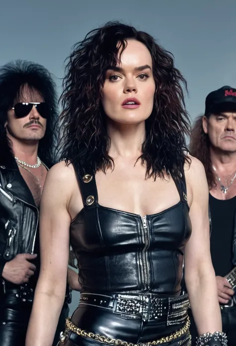 A Hard rock Glam metal band Guns n Roses 80s With Daisy Ridley With biggest busty, With great hair, in position Photo for album oF The Band in The rock show , looking at The camera, 4k