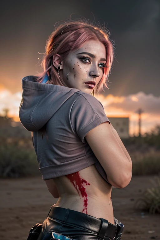 ((Best quality, 8k, Masterpiece: 1.3, realistic)), ((5120x1440)), Sharp focus: 1.2, 30 year old woman, ((Pink hair with orange/blue highlights)), Zombie apocalypse, Pistol holster strapped to leg, Assault rifle M4 on back, Machete in left hand, Desert Eagl...