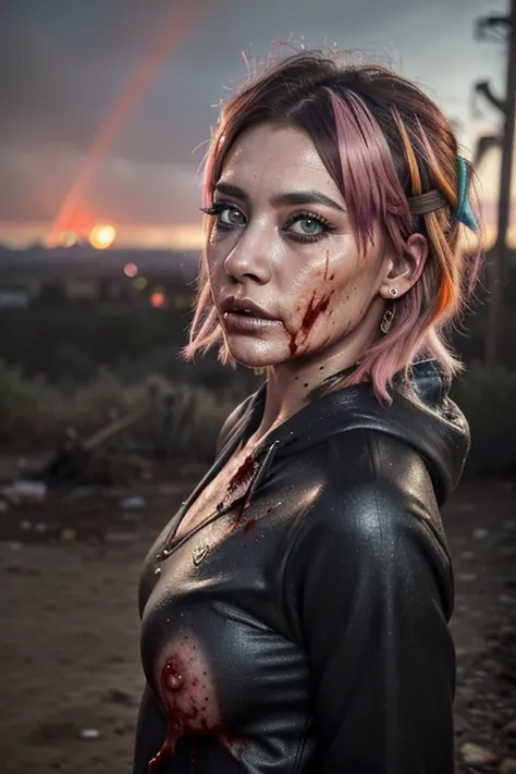 ((Best quality, 8k, Masterpiece: 1.3, realistic)), ((5120x1440)), Sharp focus: 1.2, 30 year old woman, ((Pink hair with orange/blue highlights)), Zombie apocalypse, Pistol holster strapped to leg, Assault rifle M4 on back, Machete in left hand, Desert Eagl...