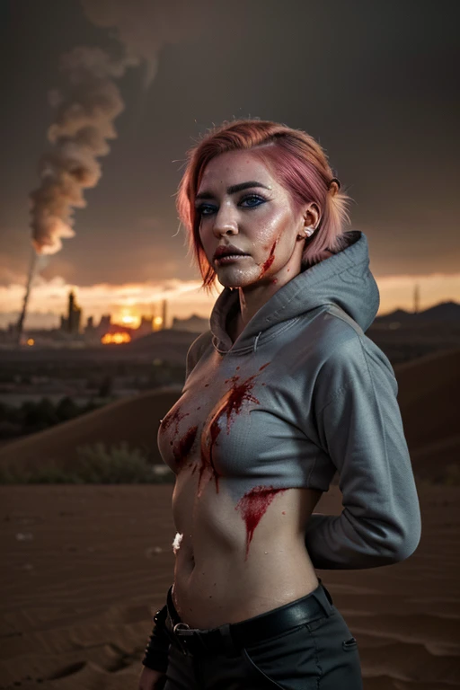 ((Best quality, 8k, Masterpiece: 1.3, realistic)), ((5120x1440)), Sharp focus: 1.2, 30 year old woman, ((Pink hair with orange/blue highlights)), Zombie apocalypse, Pistol holster strapped to leg, Desert Eagle Pistol in Right hand, Cargo pants, Hoodie, bac...