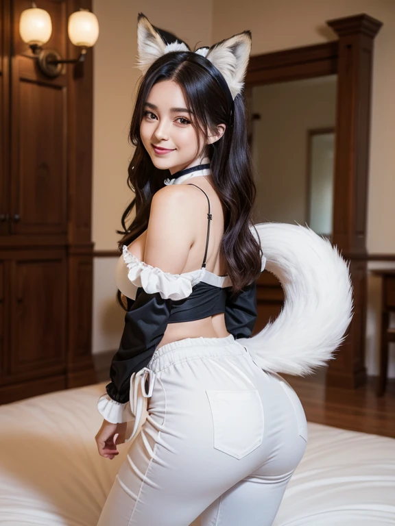 ((highest quality, 8k)), ((masterpiece)), (Familiar), Perfect Face, Fox Woman, Beautiful woman, public, Has a tail, She has a fluffy tail, She has a fox tail, She wags her tail, smile, bell collar, She wears a maid outfit, Beautiful Hips, Big Breasts , Big...