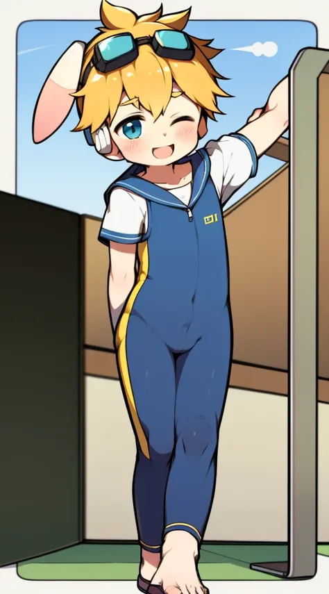 2D Boy Shota，One-piece mountaineering suit，Slim, healthy body，Put the headphones on your head，stand up，goggles，Rabbit ears，happy，Sailor collar，Lovely，Love，Short sleeve