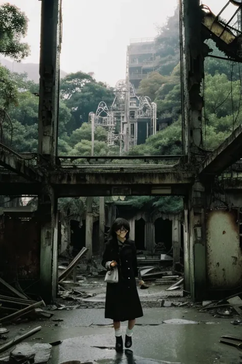 amusement park,moss,Collapse,Devastation,Inside the ruins is narrow,Showa,Glasses,Women,adventure,Black and White,