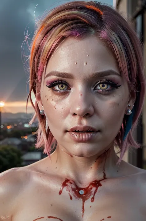 ((Best quality, 8k, Masterpiece: 1.3, realistic)), 30 year old woman, ((Pink hair with orange/blue highlights)), Zombie apocalypse, backdrop of city burning, Looking at viewer, Dark and stormy day, raining, sunset, Smoky atomsphere, ((Eye makeup, pink masc...