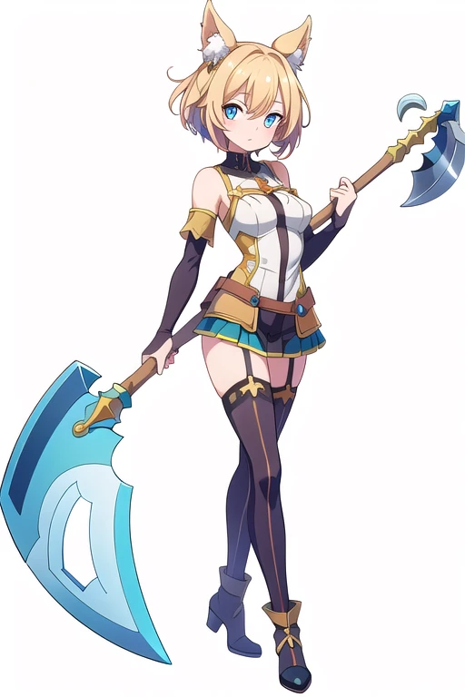 stand posture, cute eyes, adult woman,, solo, high fantasy outfits, ((white background)), full body, holding axe,
