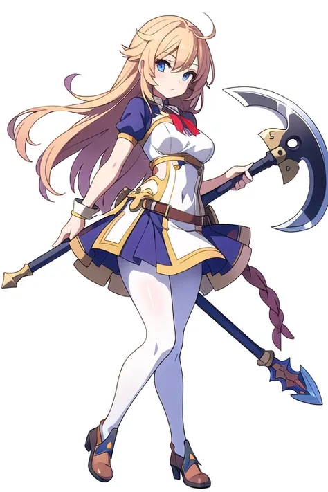 stand posture, cute eyes, adult woman,, solo, high fantasy outfits, ((white background)), full body, holding axe, pantyhose,
