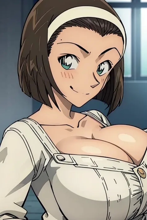 looking at the camera、When I Look at You、lookatviewer、Anime Style、Eroge、1 girl,  (Huge breasts:1.5)、((Collarless white cropped blouse))、Low Angle、Brown haired, hair band、bob hair、The forehead is visible、blush, bangs,round chest、smile、((whole body))、(From b...