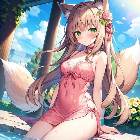 (masterpiece, highest quality, High resolution), One girl, alone, Oversized fox tail，Long brown hair，Green Eyes，Small flower head dress, (13 year old junior high school student)，modern architecture，(Blushing:1.3),Represents medium , , pink ,appear ,Wet bod...