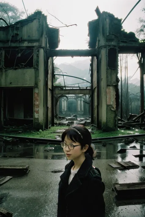 amusement park,moss,Collapse,Devastation,Inside the ruins is narrow,Showa,Glasses,Women,adventure,Black and White,