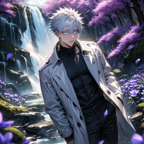 absurdres, highres, ultra detailed, HDR, masterpiece, extremely detailed face and eyes, Gojo Satoru, white hair with bangs, hair between the eyes, expressive blue eyes, white eyelashes, Jujutsu Kaisen, solo, sexy man, handsome, white coat, black tight shir...