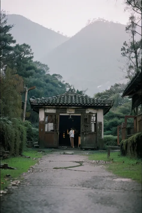 amusement park,moss,Collapse,Devastation,Inside the ruins is narrow,Showa,Glasses,Women,adventure,Black and White,