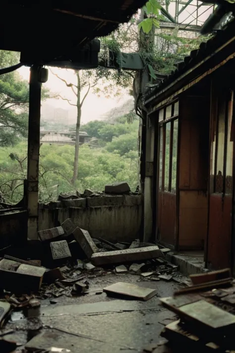 amusement park,moss,Collapse,Devastation,Inside the ruins is narrow,Showa,Glasses,Women,adventure,Black and White,