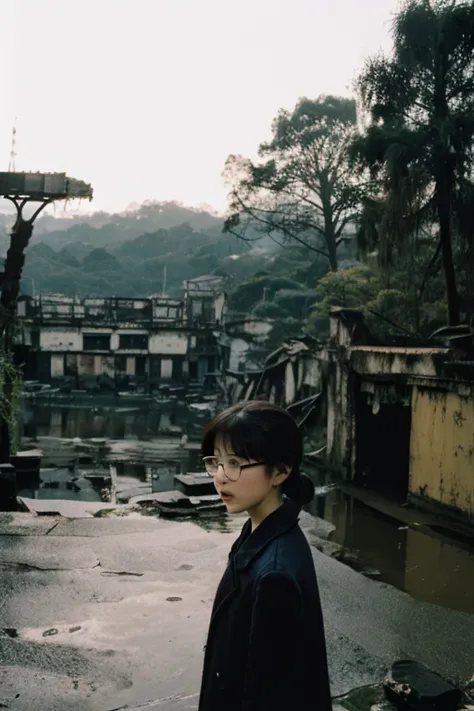 amusement park,moss,Collapse,Devastation,Inside the ruins is narrow,Showa,Glasses,Women,adventure,Black and White,