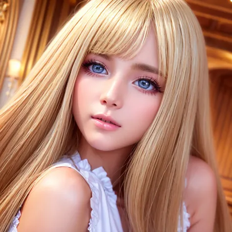 Chica rubia excepcionalmente hermosa、hermoso, calm and bright expression、mirada refrescante sexy、Very Super Long Silky Straight Blonde Hair.、golpes entre los ojouy brillante, grande, ojos azul claro y blanco que brillan maravillosamente、very big Ojos brill...