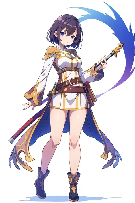 stand posture, cute eyes, adult woman,, solo, high fantasy outfits, ((white background)), full body, holding weapon, belt,
