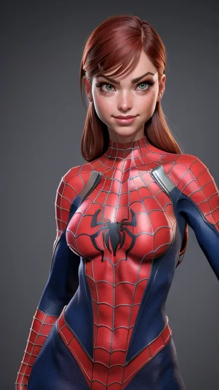 ((Mary Jane Watson )), (((exposed breasts))), unzipped:1.2, bright eyes, ((panties)), smile, Beautiful woman detailed defined body using spider man cosplay, small breasts, ((breasts popping out)), thigh gap, (freckles) unzipped, auburn hair, narrow waist, ...