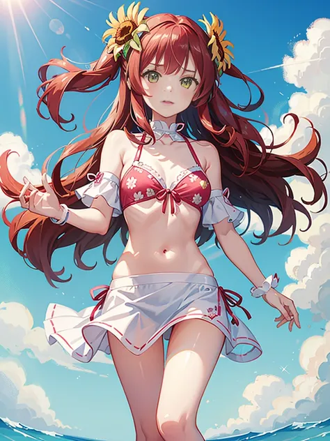 young girl, with long red hair, green eyes, wearing a pink bikini with white and yellow flower patterns, red hair tied in twintails yellow and red flower hair accessories, yellow sandals with sunflower decorations, 2 red and 1 white flower hair clips, 2 pi...