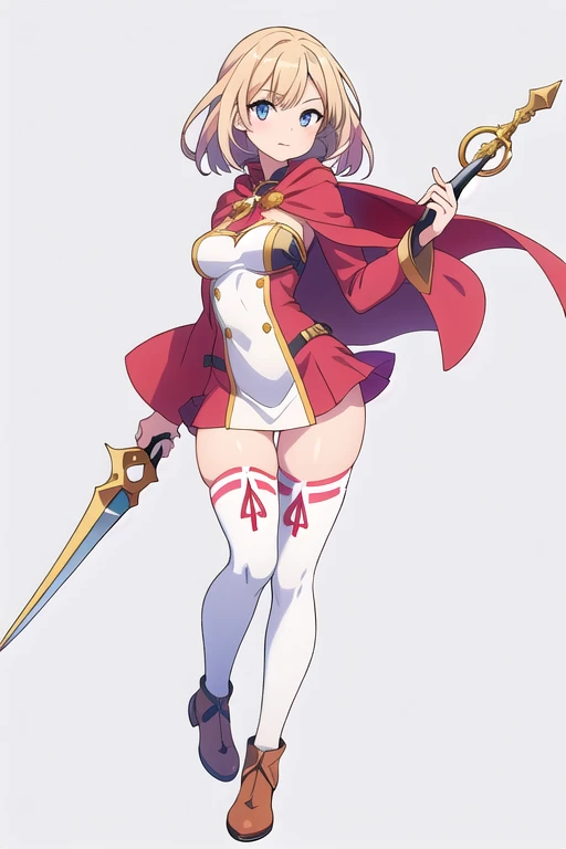 stand posture, cute eyes, adult woman,, solo, high fantasy outfits, ((white background)), full body, holding weapon, thighhighs,
