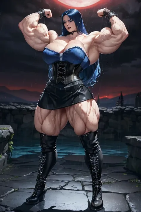 ((((Massive, tall, beautiful, buff, wet, pale white skinned muscular woman with royal blue hair, black lipstick, ginormous bulky muscles, flexing muscles and wearing a black leather corset with loose skirt)))), (red background), close view, (massive muscle...