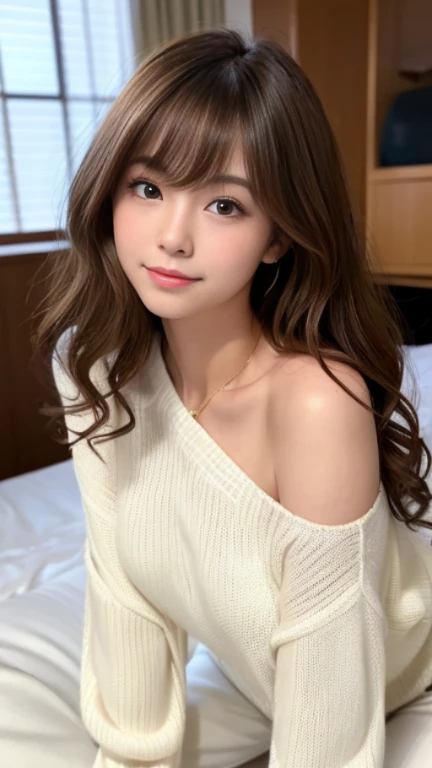 highest quality，masterpiece，超A high resolution，RAW Photos，One Girl，Loose perm hair、length、brown hair、Japanese、Loose perm hair、length、brown hair、Embarrassed face、Professional photography、Same skin type as humans、A woman dressed in Japan from head to toe、Blu...