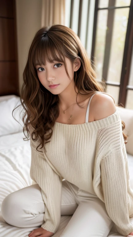 highest quality，masterpiece，超A high resolution，RAW Photos，One Girl，Loose perm hair、length、brown hair、Japanese、Loose perm hair、length、brown hair、Embarrassed face、Professional photography、Same skin type as humans、A woman dressed in Japan from head to toe、Blu...