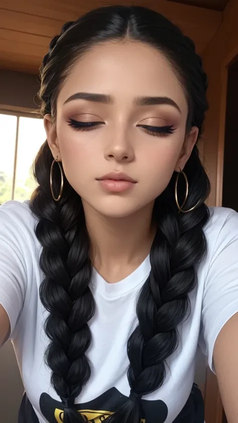 mujer atractiva, pelo negro, trenza simple, ojos seductores, mirada intensa, boca partida, rubor profundo, nervioso, Hermoso rostro, amazing makeup, Camiseta con hombros descubiertos