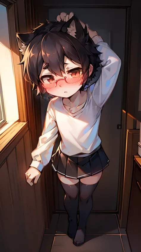 1 Boy, femboy, Adolescent, short, wavy black hair, wearing a white shirt and black skirt, cute, wears glasses, Long socks, Blushed