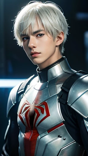 A white hair, japanese teenage boy, bang, Gojo Satorou hairstyle, blue eyes, 15 years, young, pale skin, slender body, wide chest, Ultra high res, uhd, (photorealistic:1.4), doll-like face, futuristic spiderman armor, plasma sword